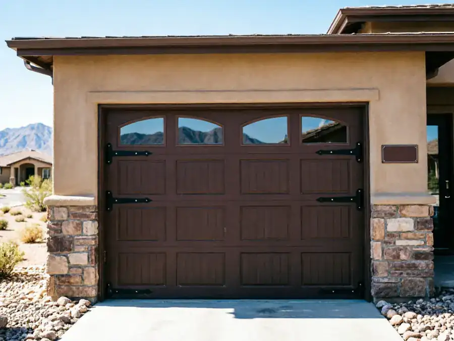 A brown garage door with decorative black hinges and arched windows on a stucco house.