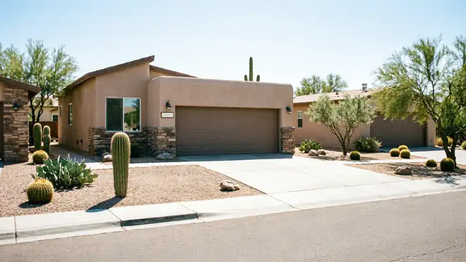 A brown garage door is on a stucco house with stone accents and desert landscaping.