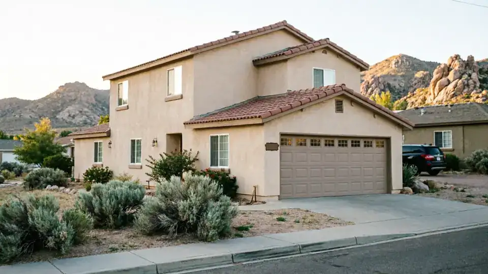 A two-story house with a tan garage door and a red tile roof.