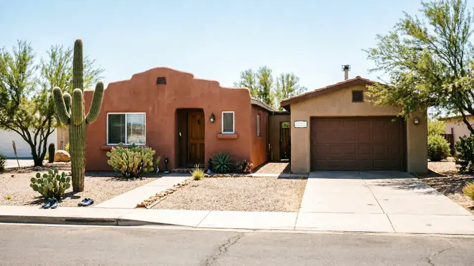 A brown garage door is on a tan house with a red house next to it.