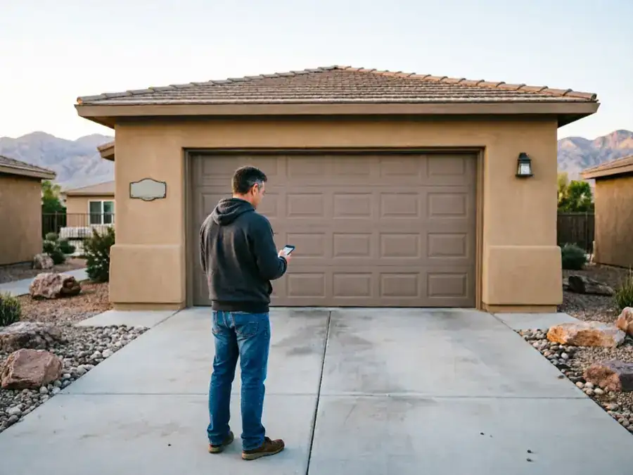 A man stands in a driveway looking at his phone in front of a closed garage door.
