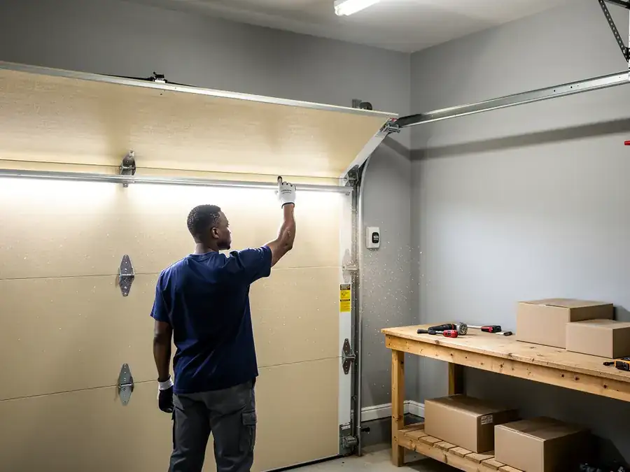 A technician in gloves adjusts a beige garage door.