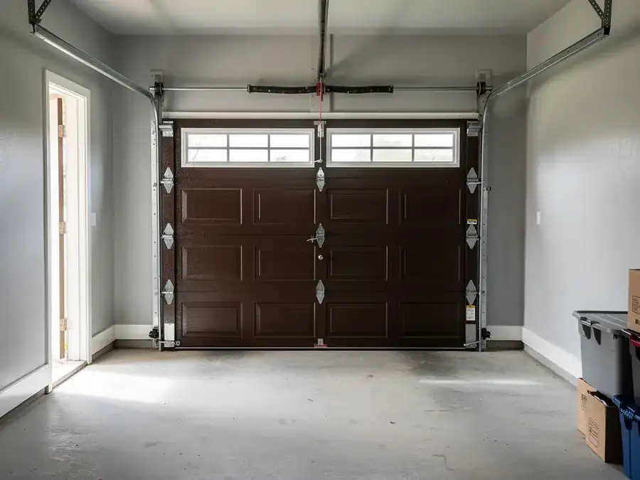 A brown garage door with windows is closed inside a garage.