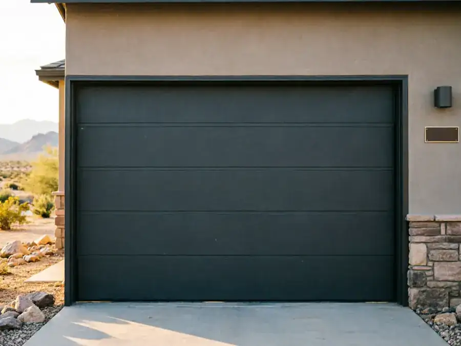 A dark gray garage door is on a stucco house with stone accents.