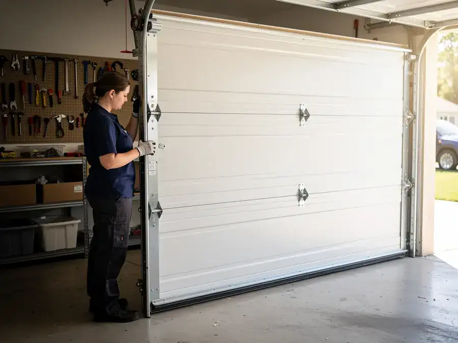 A technician in gloves is working on the side of a white garage door.