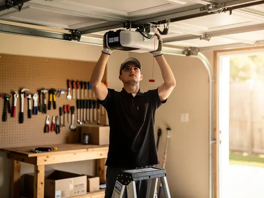 A technician on a ladder installs a garage door opener.