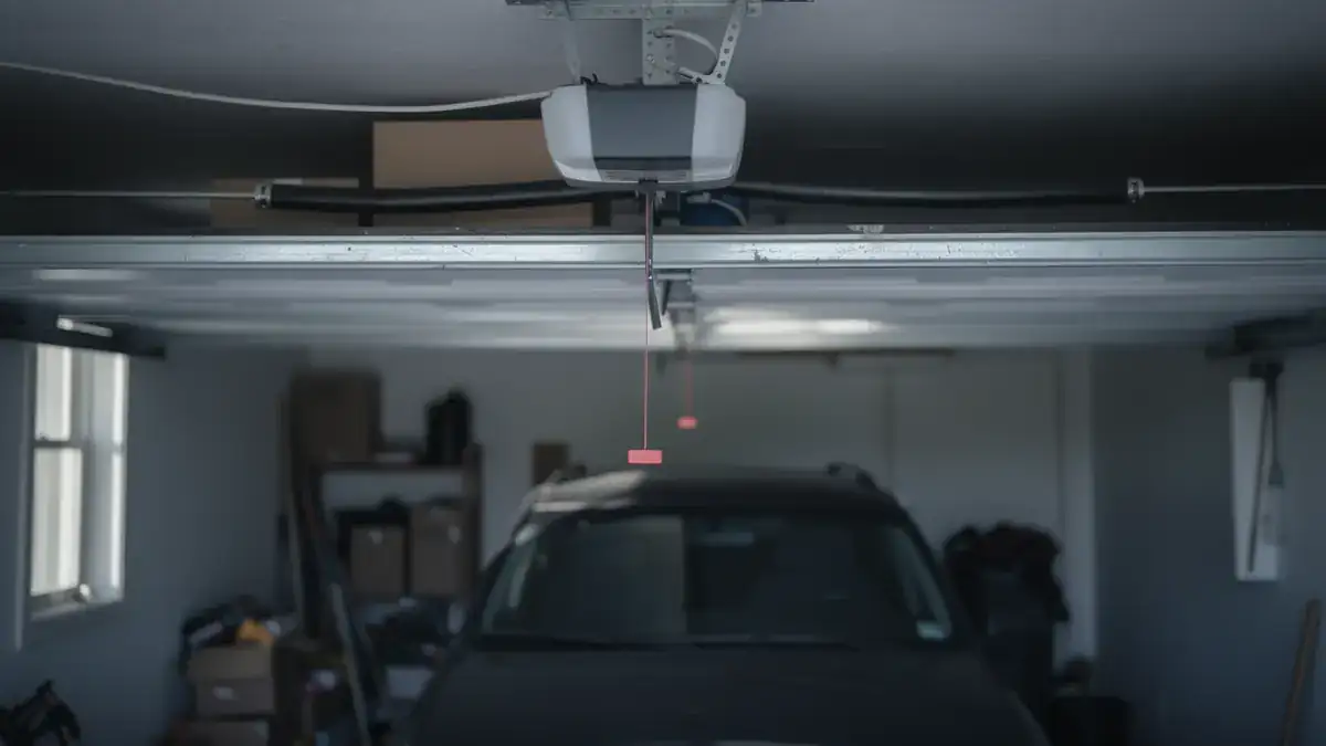 A garage door opener is mounted to the ceiling above a parked car.