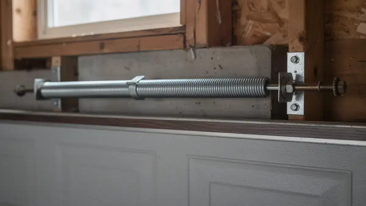 A torsion spring on a steel shaft mounted above a white garage door.
